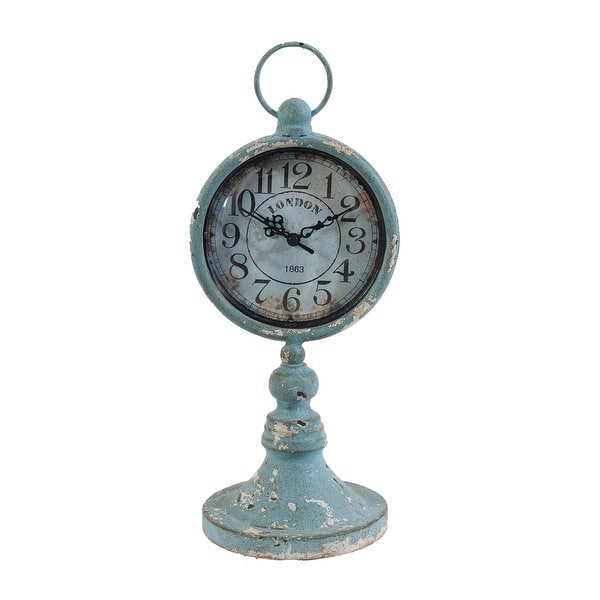slide 2 of 5, 13 Inch Decorative Table Clock, Iron, Vintage Inspired Design, Aqua Blue Blue
