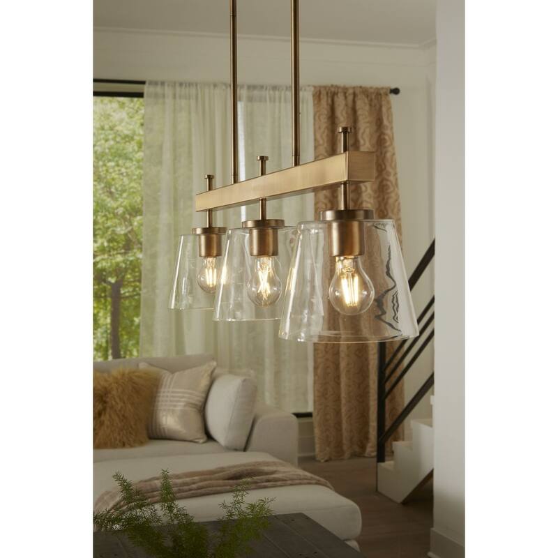 Saffert Collection Three-Light New Traditional Vintage Brass Clear Glass Linear Island Chandelier Light