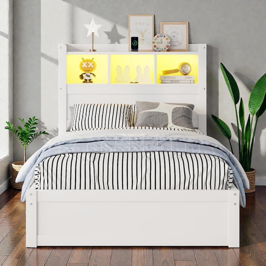 Wood Bed with Storage Headboard, Drawers and Pull Out Cabinet, Twin Full Bed with LED Light and Socket