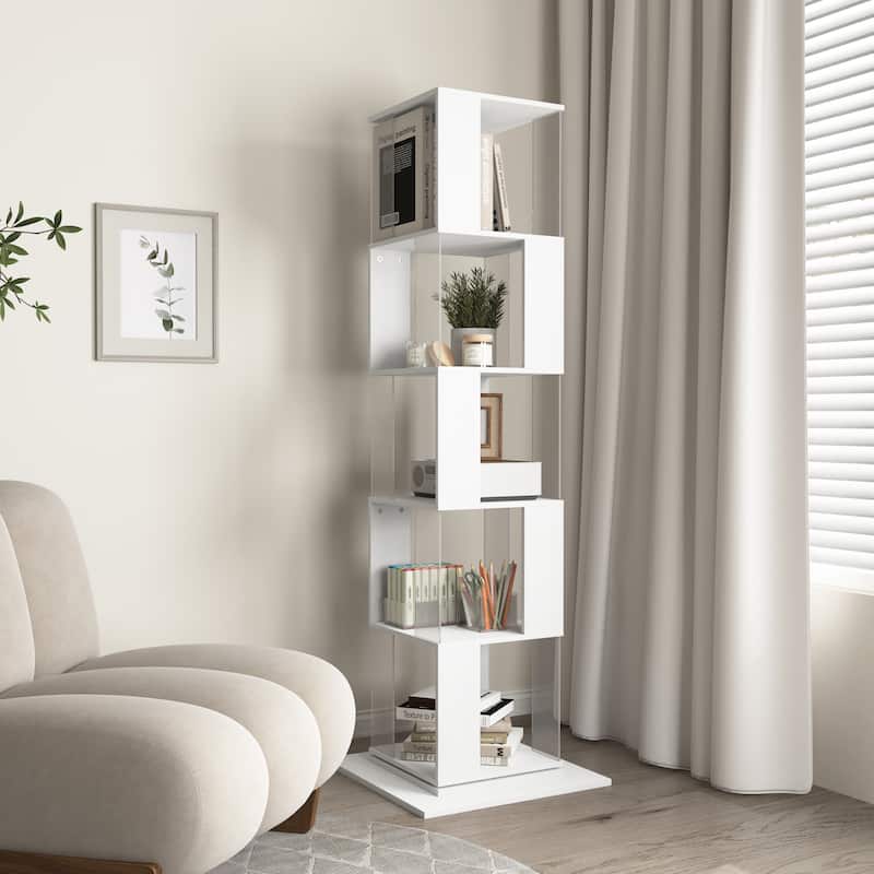 Anmytek Modern 360° Rotating Bookshelf 5-Tier Tall Display Shelf with Acrylic Plate for Home Office Living Room Bedroom
