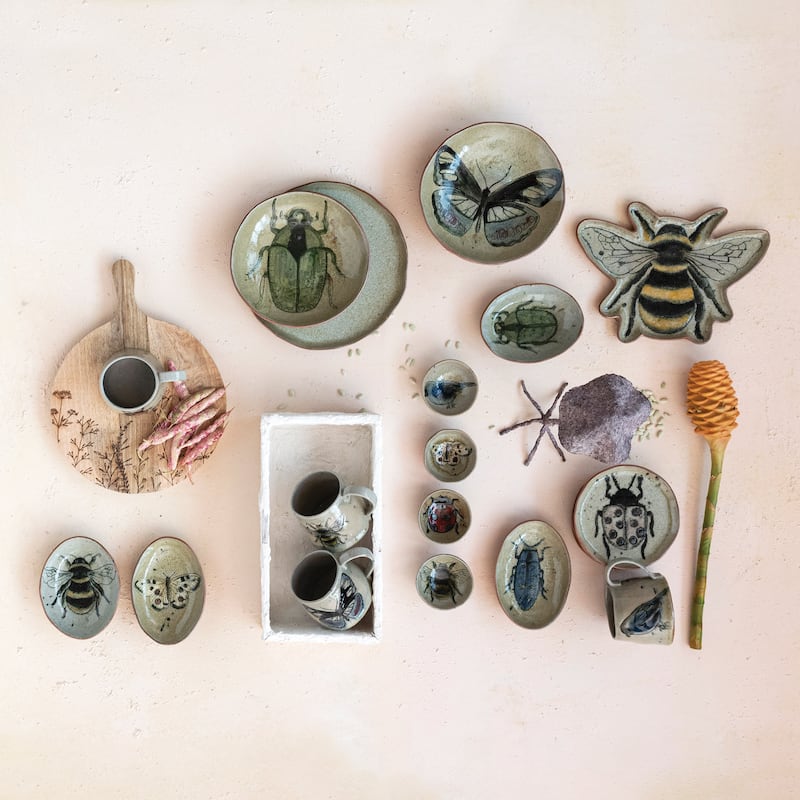 Stoneware Bowl Set with Insect and Bird Designs - 7.0"L x 4.8"W x 1.1"H