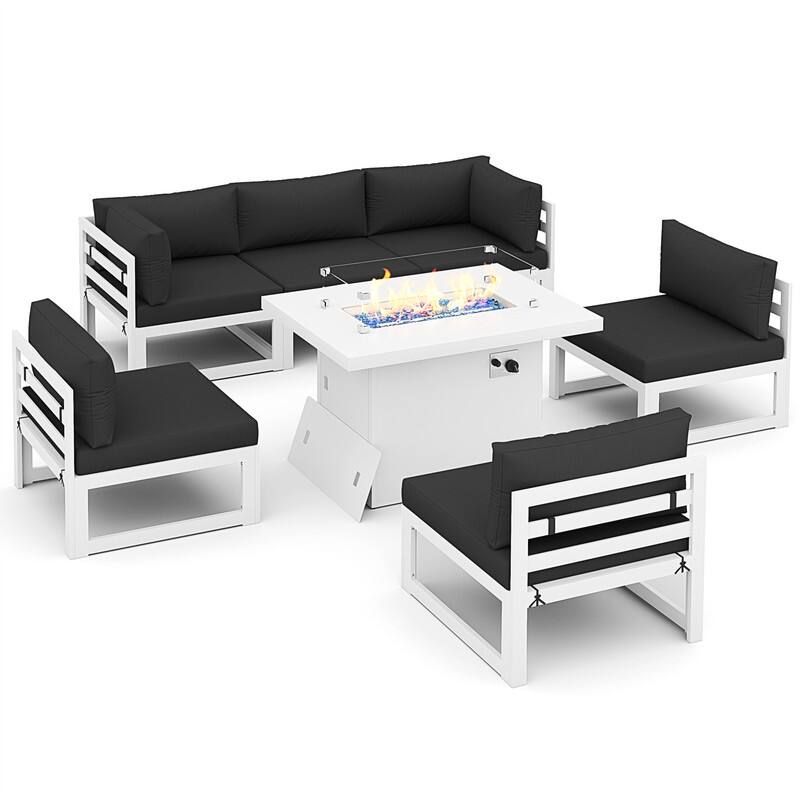 7 Piece Aluminum Patio Furniture Set with Fire Pit Propane/Gas, 29 inch Deep Wide Seat Aluminum Outdoor Sectional