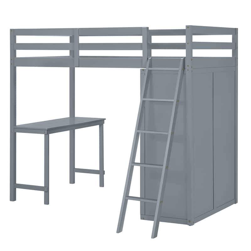 Merax Loft Bed with Wardrobe and Desk and Shelves