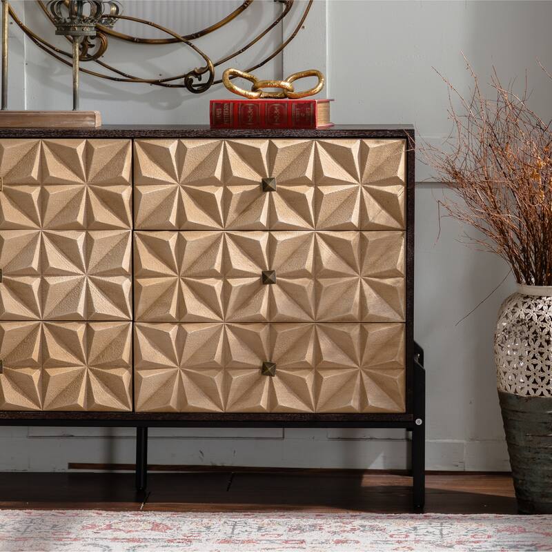 Solid Wood Sideboard with Geometric Pattern, 6 Drawers Dresser,Mid Century Modern Sideboard Cabinet