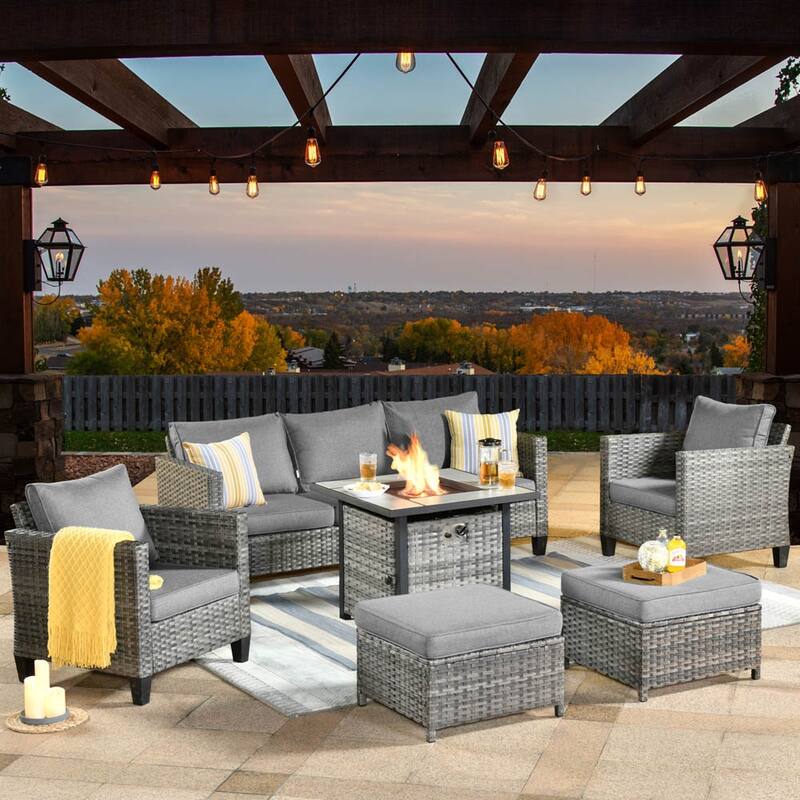 OVIOS 6-piece Patio Outdoor Wicker Conversation Set With 30" Fire Pit - Dark Grey