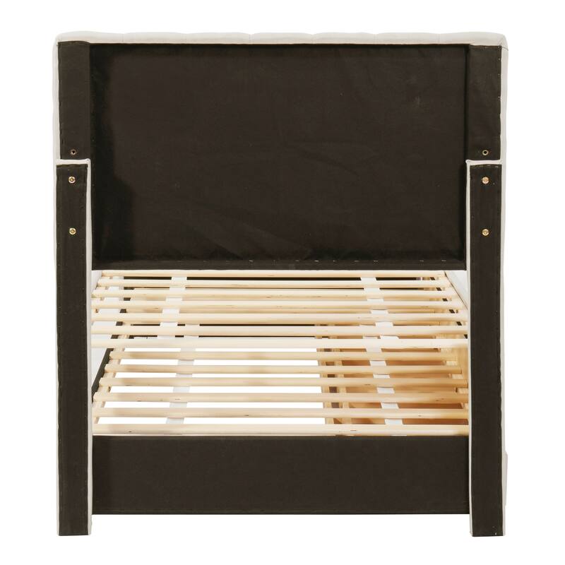 Upholstered Platform Bed Captain Bed with Trundle and 3 Drawers, Vertical Striped Linen Headboard and Footboard Slats Support