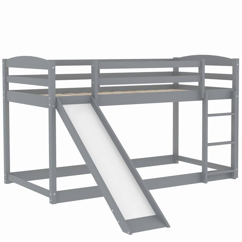 Low Twin Bunk Bed with Slide and Ladder, Sturdy Wooden Frame