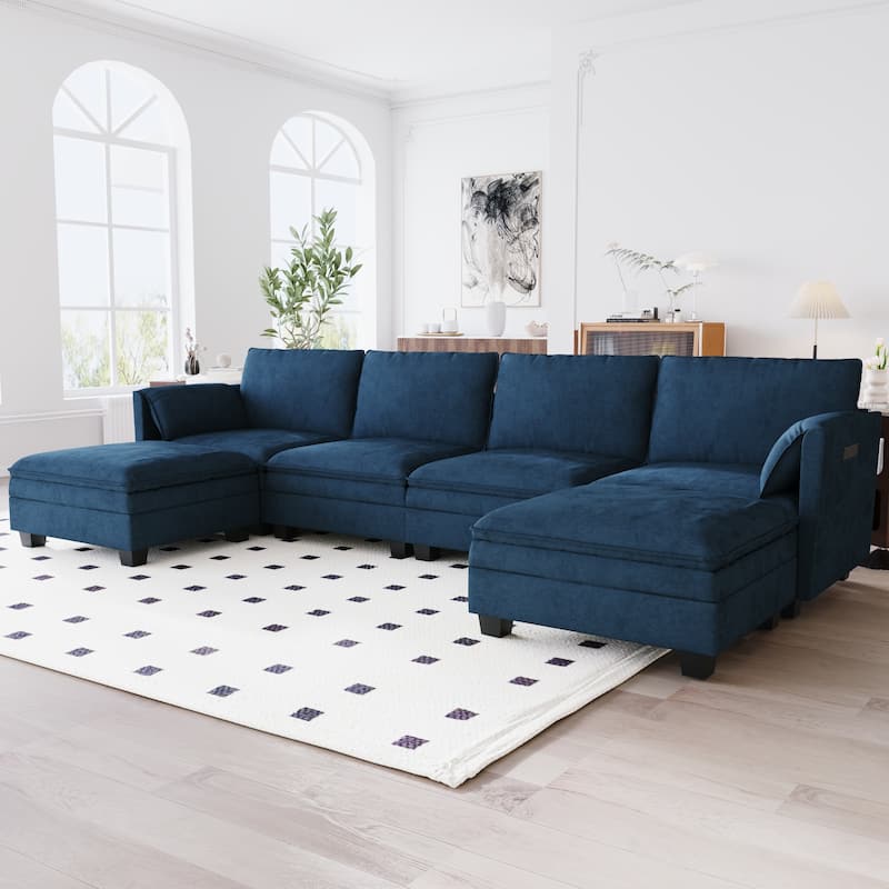 Christopher Knight Home - Noah 141.5" U-Shaped 6-Seater Sofa Couch with Movable Ottoman and Armrest Pockets, Fabric Upholstery