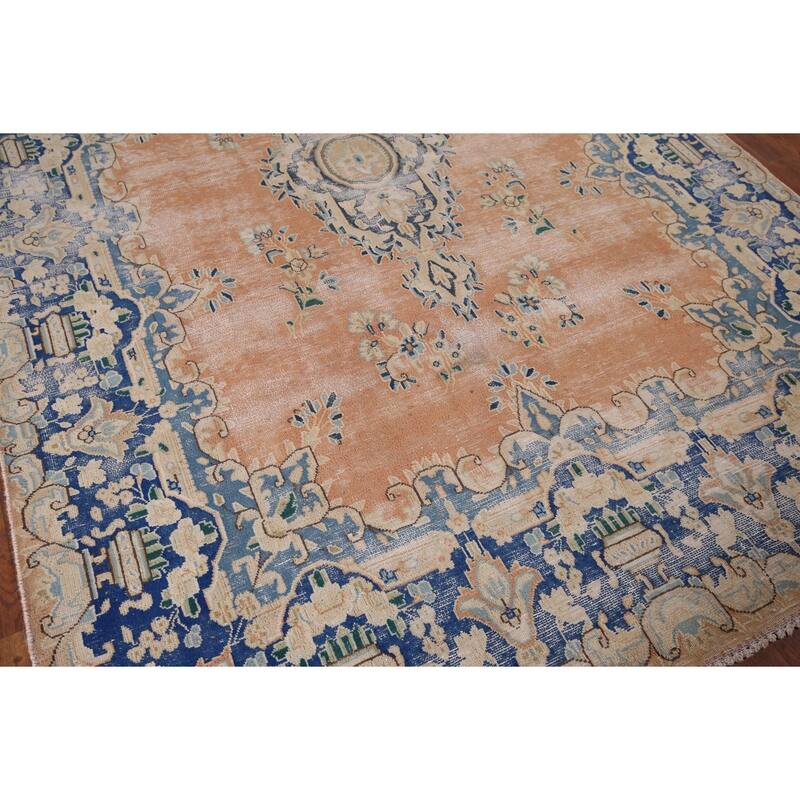 Distressed Kerman Vintage Persian Area Rug Handmade Wool Carpet - 6'4" x 8'11"