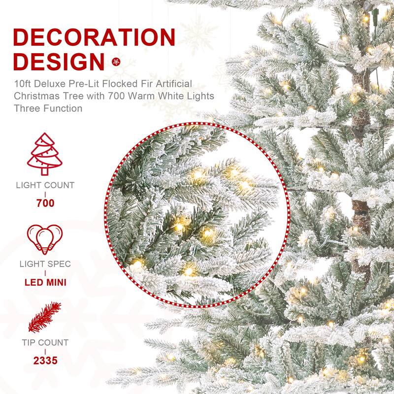 Glitzhome 8FT/10FT Pre-Lit Flocked Fir Artificial Christmas Tree with Warm White Lights