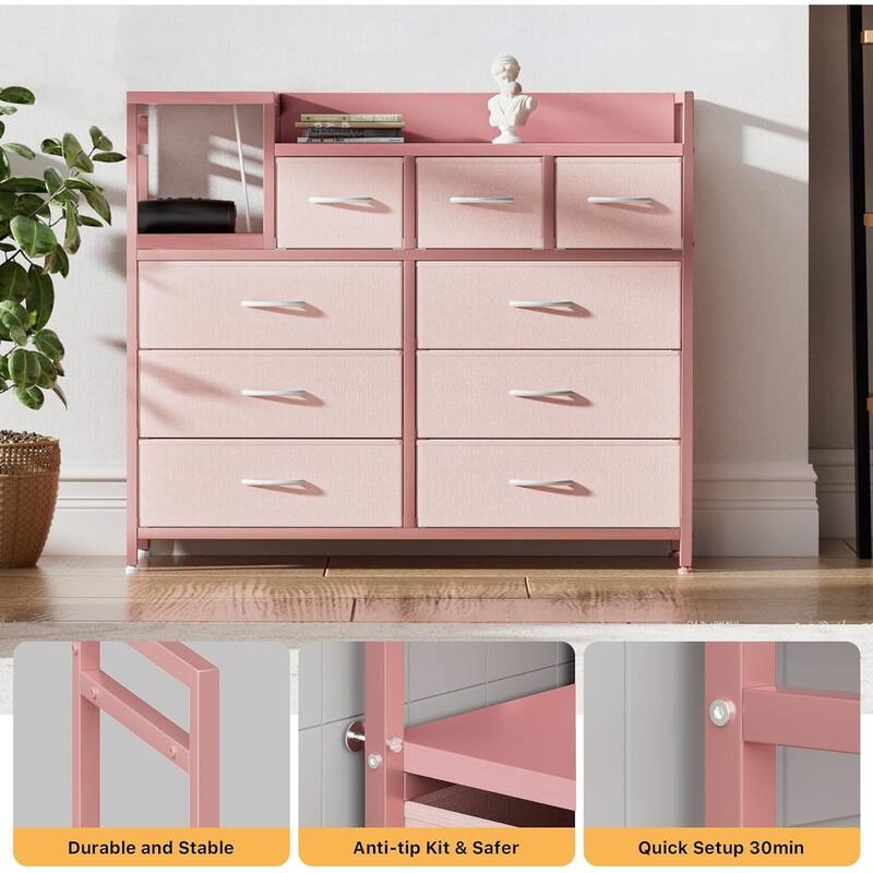 TV Stand with Power Outlet, Bedroom Dresser with 9 Drawers,