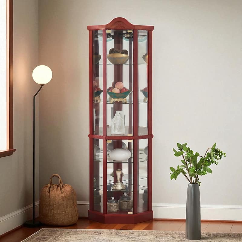 Lighted Corner Curio Cabinet with Glass Doors, Adjustable Shelves & Carved Cherry Decor, Elegant Display Cabinet for Home - Cherry