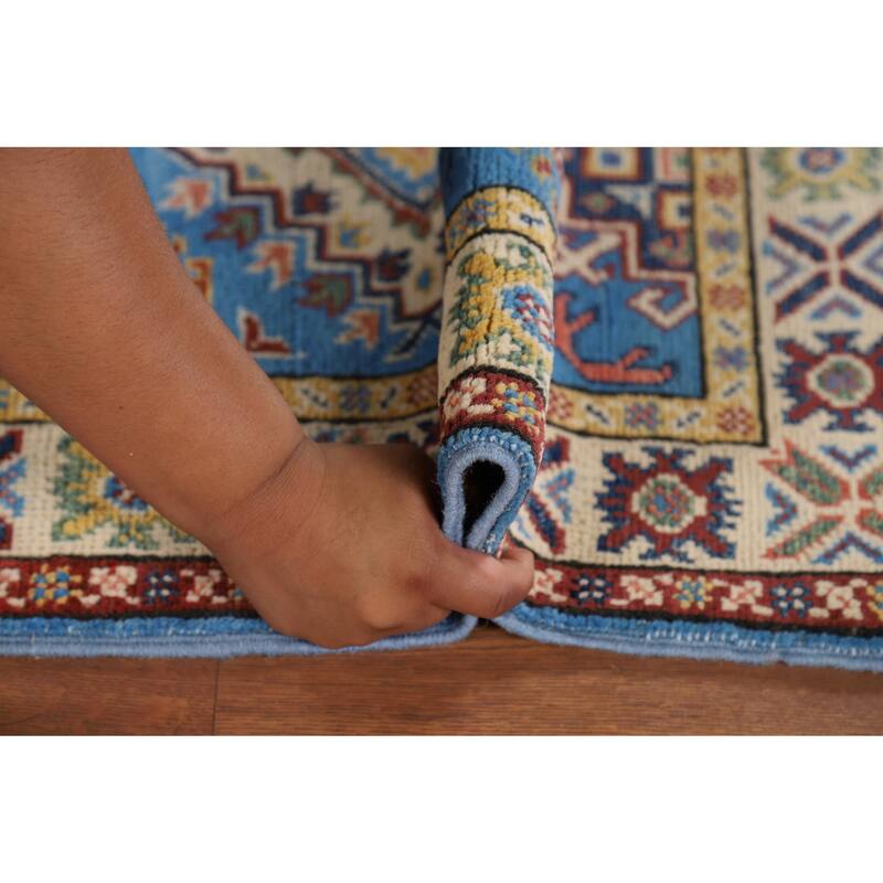 Blue Geometric Kazak Foyer Rug Handmade Oriental Wool Carpet - 2'1" x 3'0"