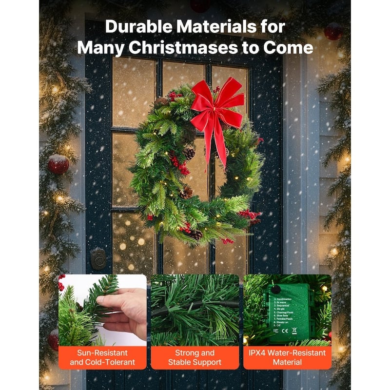 24 Inch Pre-Lit Christmas Wreath Battery Operated Green Holiday Decoration with LEDs Timer - 24 x 24 x 6.3 in