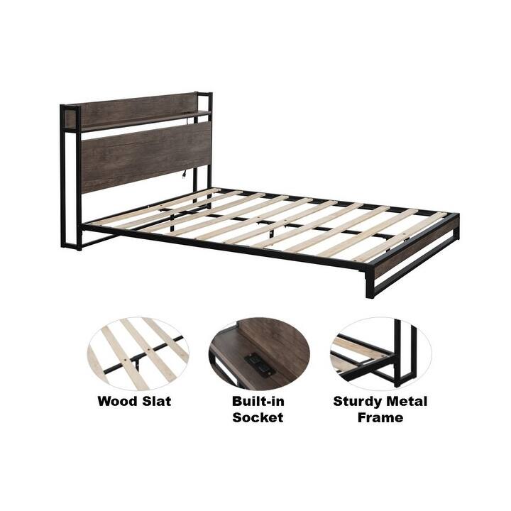 Mocha Wood Queen Platform Bed with Builtin Socket, Fast Assembly, and