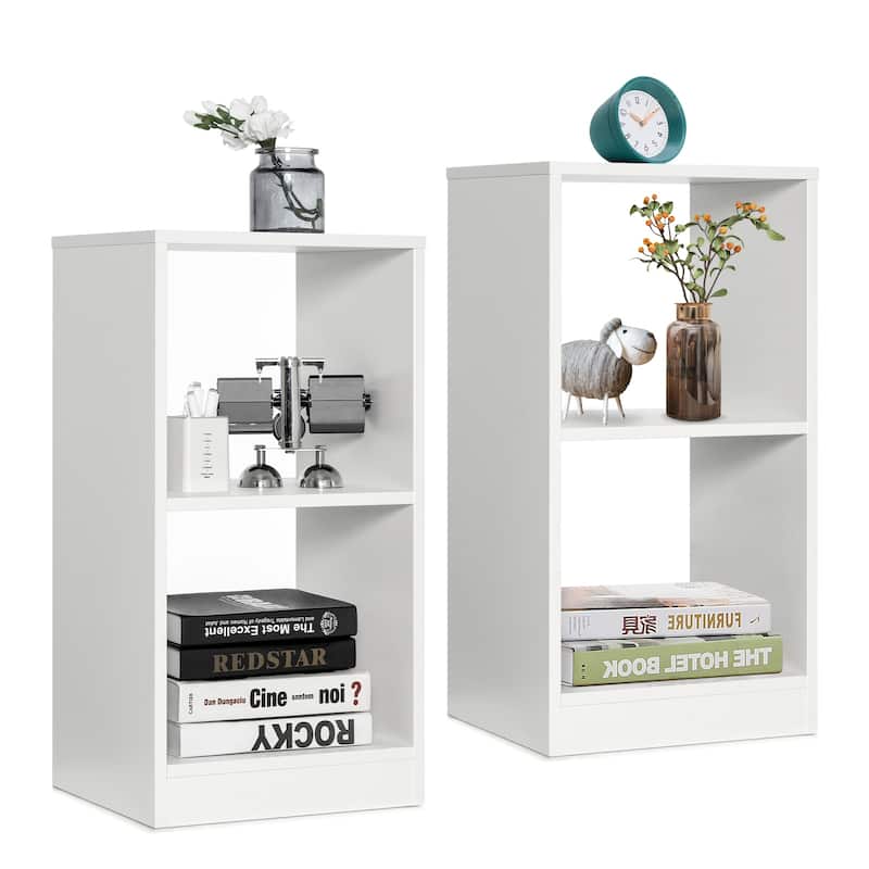 Modern Small Wooden White 2-Piece Storage Bookshelf Set with Cubes for Bedroom or Living Room - 15" x 13" x 29" (L x W x H)