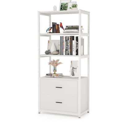 4-Tier White Bookshelf with 2 Drawers, Etagere Standard Book Shelves Display Shelf for Home Office - 60”H x 23.6”L x 15.7”W