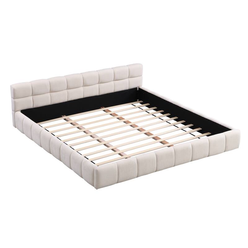 Chenille Upholstered Platform Bed Frame Modern Low Profile Bed with Checkerboard Pattern Headboard No Box Spring Needed - Beige