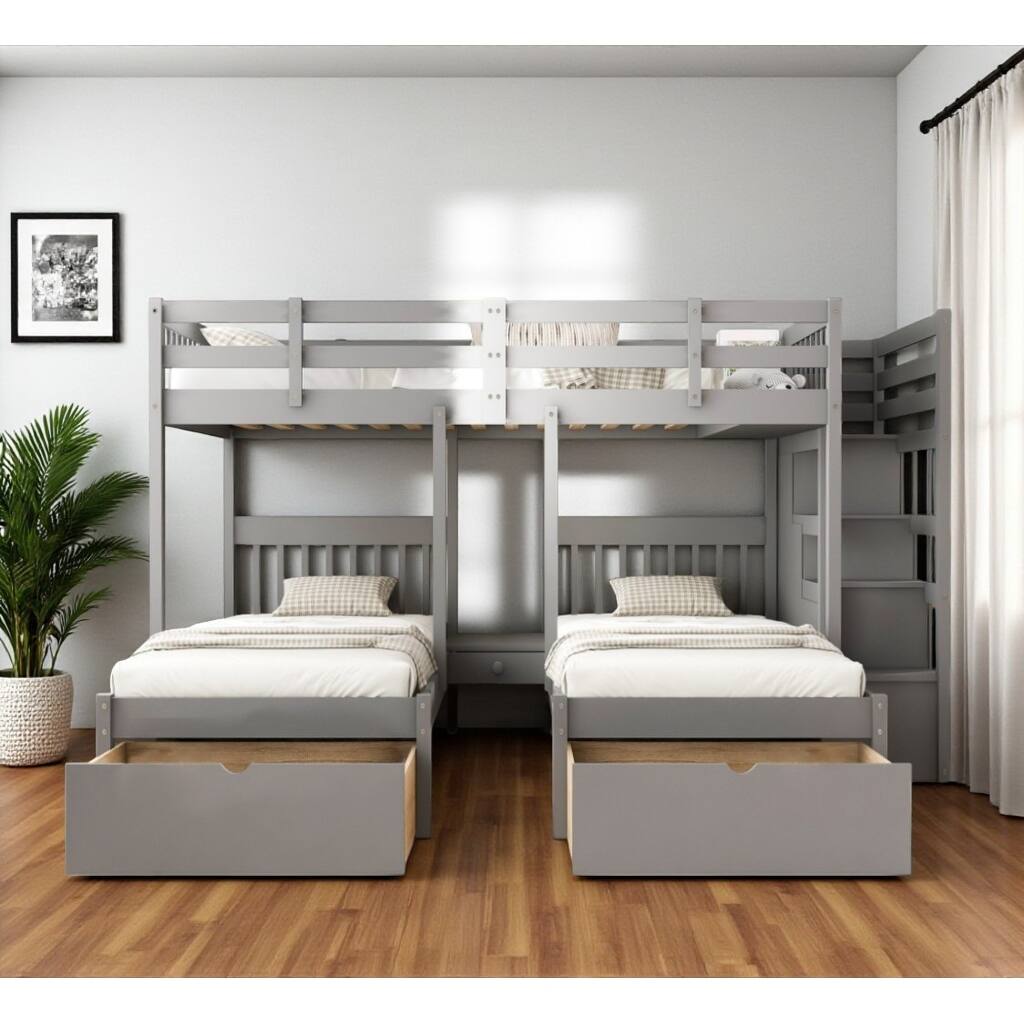HomeRoots Gray Full Over Two Twins Solid Wood Bunk Bed With Stairs Drawers And Storage