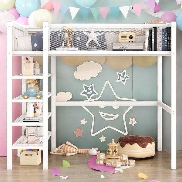 slide 2 of 10, Full Size Metal Loft Bed with 4-Tier Shelves and Storage,White White