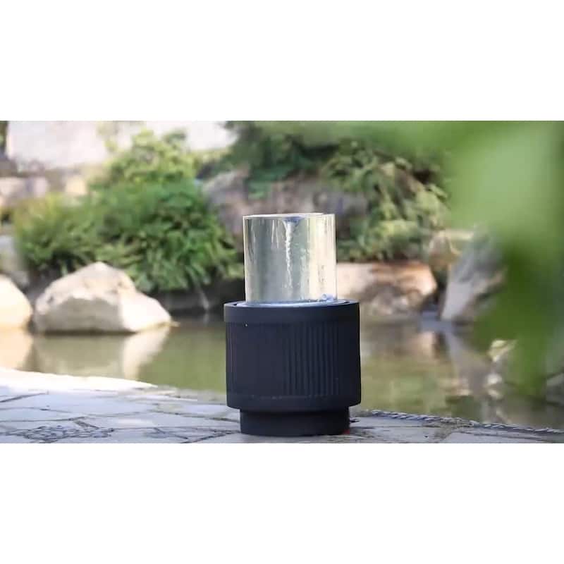 20x20x19.5" Heavy Cement Round Black Ribbed Outdoor Water Fountain with Light (Color Change)