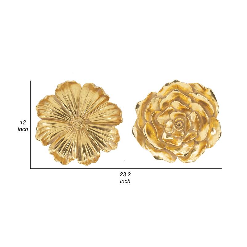 Dazzle 11, 12 Inch Floral Hanging Wall Accent Set of 2, 3 Dimensional, Gold