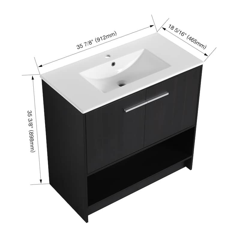 36 Inch Freestanding Bathroom Vanity with Eco-Friendly Plywood, Ceramic Sink & Soft Closing Doors