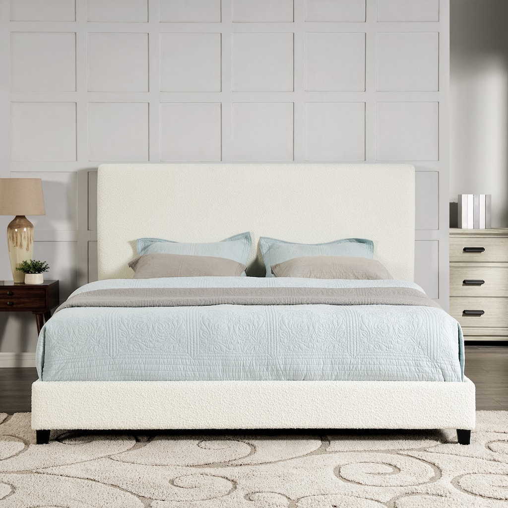 King Size Boucle Platform Bed with Upholstered Headboard and 750 lb Capacity (Box Spring Required)