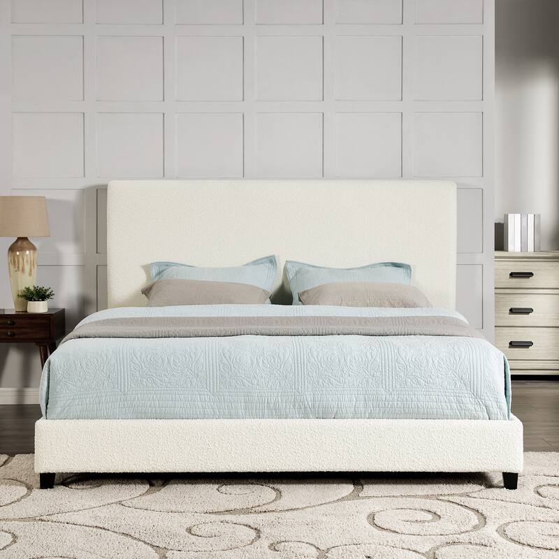 White Boucle Upholstered King Size Platform Bed with Padded Headboard