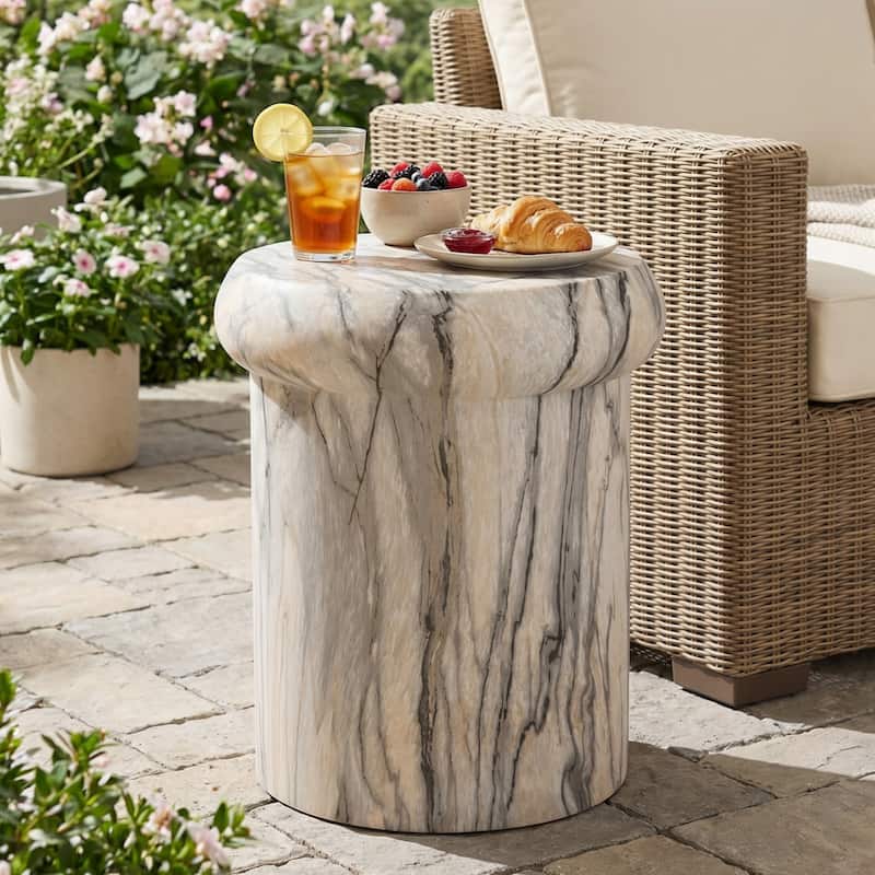 Christopher Knight Home - Lightweight Concrete Sculptural Side Table with Faux Marble Travertine Finish for Indoor & Outdoor - Natural+Marble
