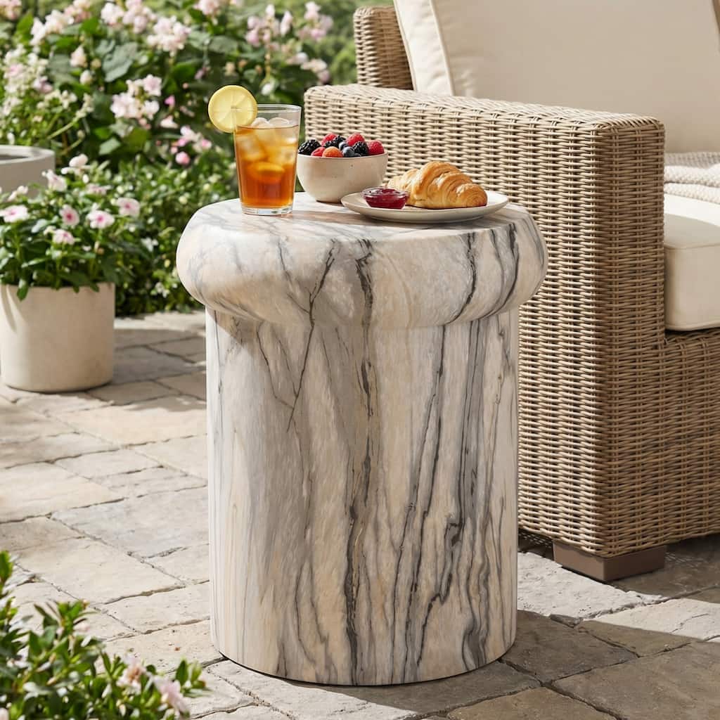 Christopher Knight Home - Lightweight Concrete Sculptural Side Table with Faux Marble Travertine Finish for Indoor & Outdoor