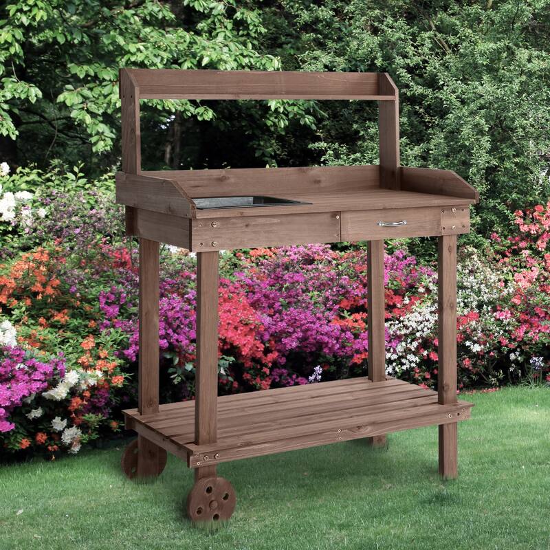 Outsunny 36.25" x 17.75" x 46.75'' Wooden Potting Bench Work Table with 2 Removable Wheels & Large Storage Spaces