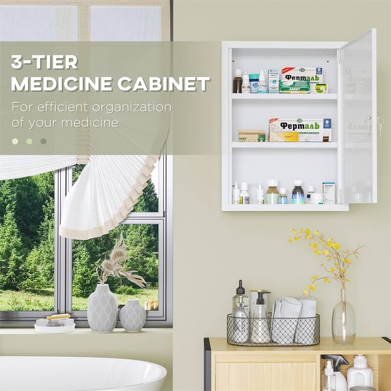 3 Tier Lockable Wall Mount Medicine Cabinet with 2 Keys for Bathroom - N/A