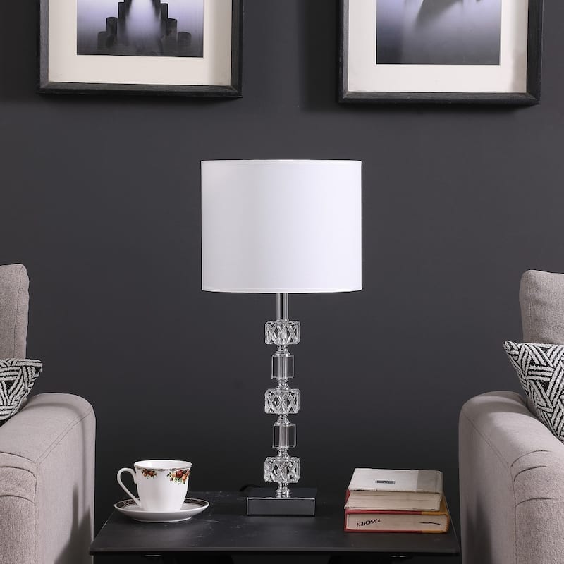 Silver Chrome Metal Bedside Table Lamp with White Linen Drum Shade and Crystal Orb - 9.5” x 9.5” x 19.75” (D x W x H)