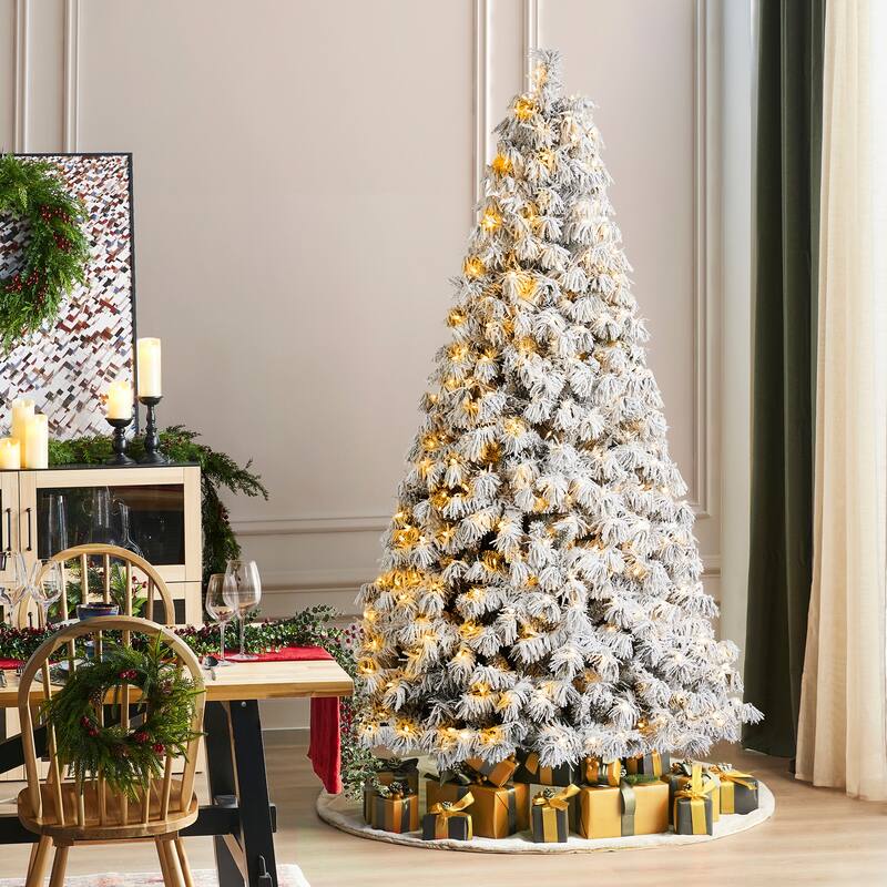 Glitzhome 7.5ft/9ft Pre-Lit Flocked Full Spruce Artificial Christmas Tree with C3 Lights Foot Switch - 7.5FT