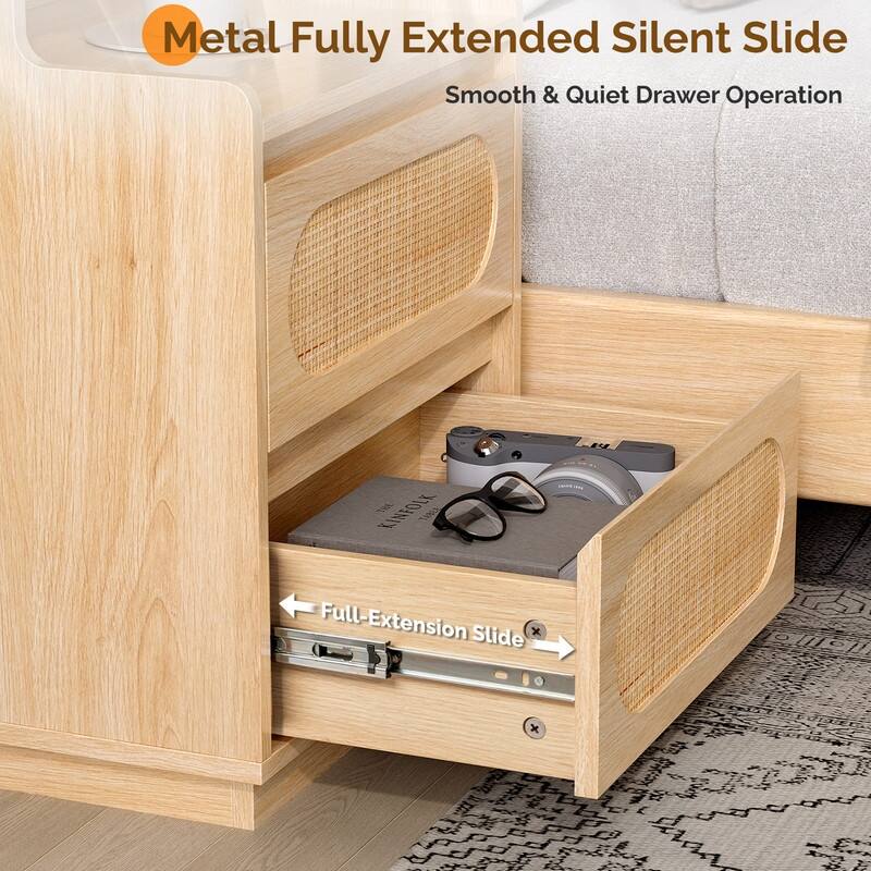 Oak Nightstand with 2 Drawers, Shelf, Socket & Rattan Detail