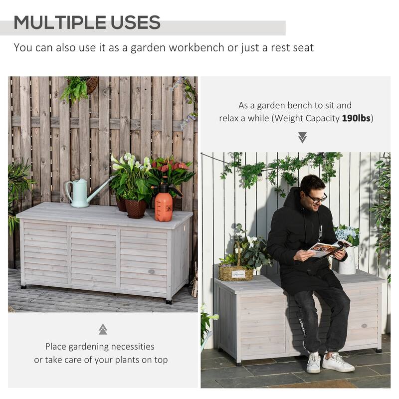 ​​Grey Rustic Fir Wood Storage Deck Box with Ventilation Gaps and Seat for Patio Garden and Workshop​
