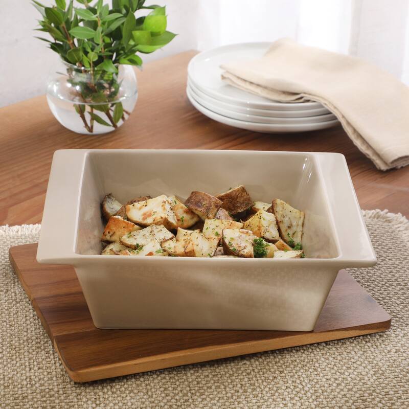 Gibson Elite 2 Quart or 2.75-Quart Stoneware Baking Dish with Acacia Wood Lid - Taupe Rectangular Oven Safe Baker