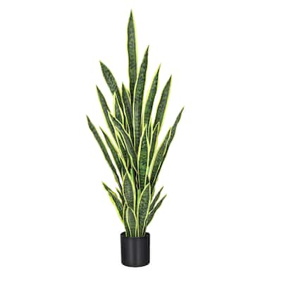 4ft Green Yellow Artificial Sansevieria Snake Plant in Black Pot - 48" H x 15" W x 15" DP