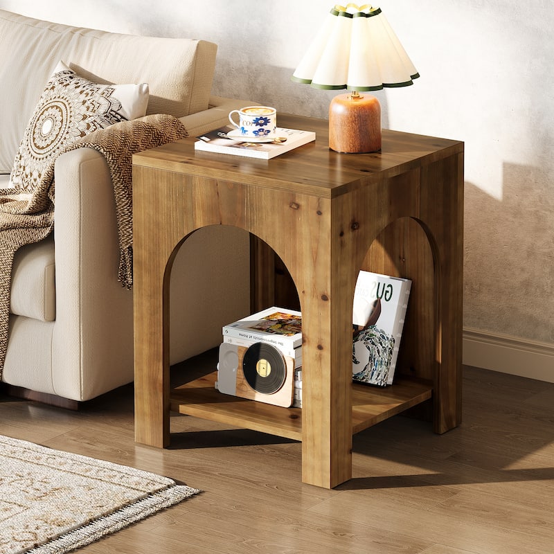 2 Tier End Table for Living Room, Square Couch Side Table for Bedroom, Farmhouse Style