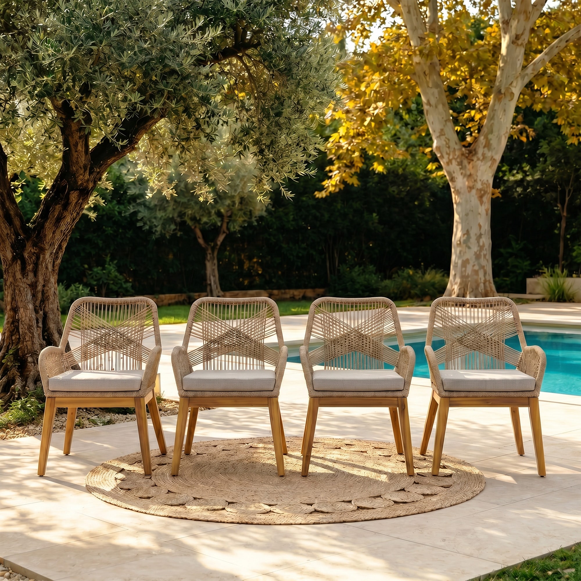 Outdoor Dining Chair Set Patio Arm Chair with Rope-woven Backrest and Acacia Wood Legs