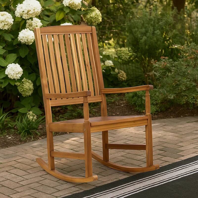 Fred Outdoor Rocking Chair, Slatted Back Design, Brown Acacia Wood