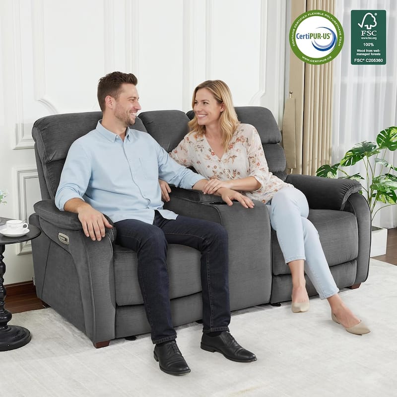 MCombo 61.6'' Wall Hugger Power Loveseat Recliner Sofa with Adjustable Headrest and USB A & C Charge Ports - Grey - Loveseat with Console