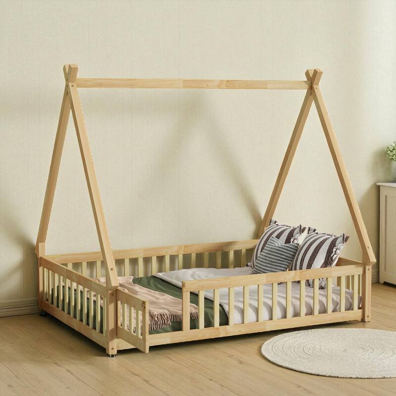 Full Size Rubber Wood Teepee Floor Bed with Guardrails, Slats and Door for Kids Bedroom