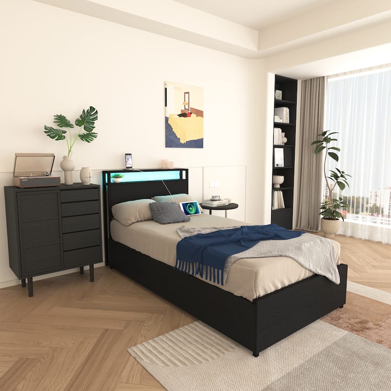 Twin Size Practical Storage Bed with 4 Drawers, Smart LED Platform Bed with Charging Station, Heavy Duty Metal Twin Bed Frame