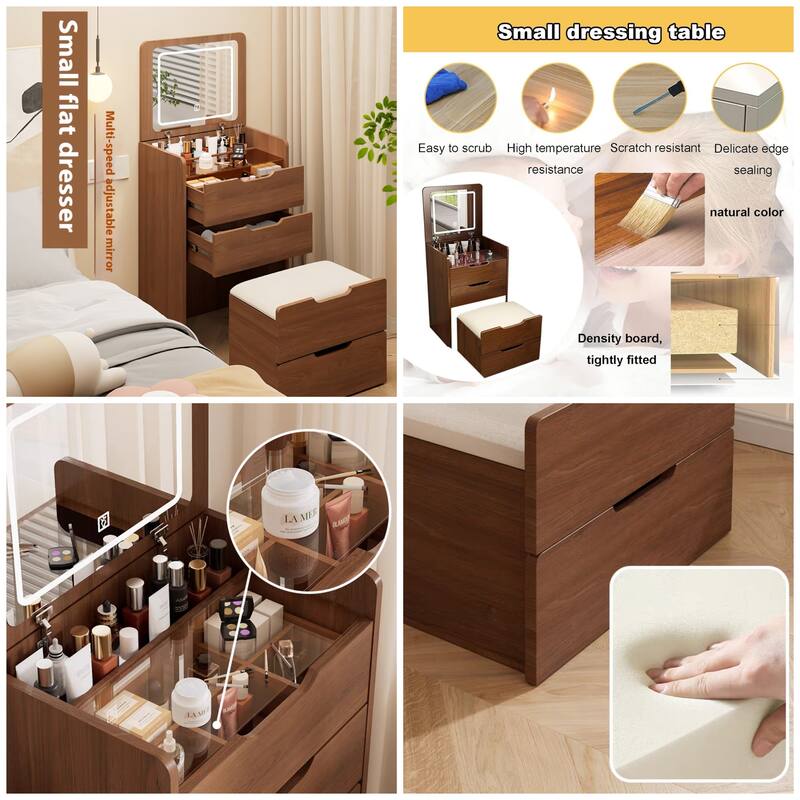 Flip-Top Vanity Table with Lighted Mirror, Makeup Desk, Included Stool