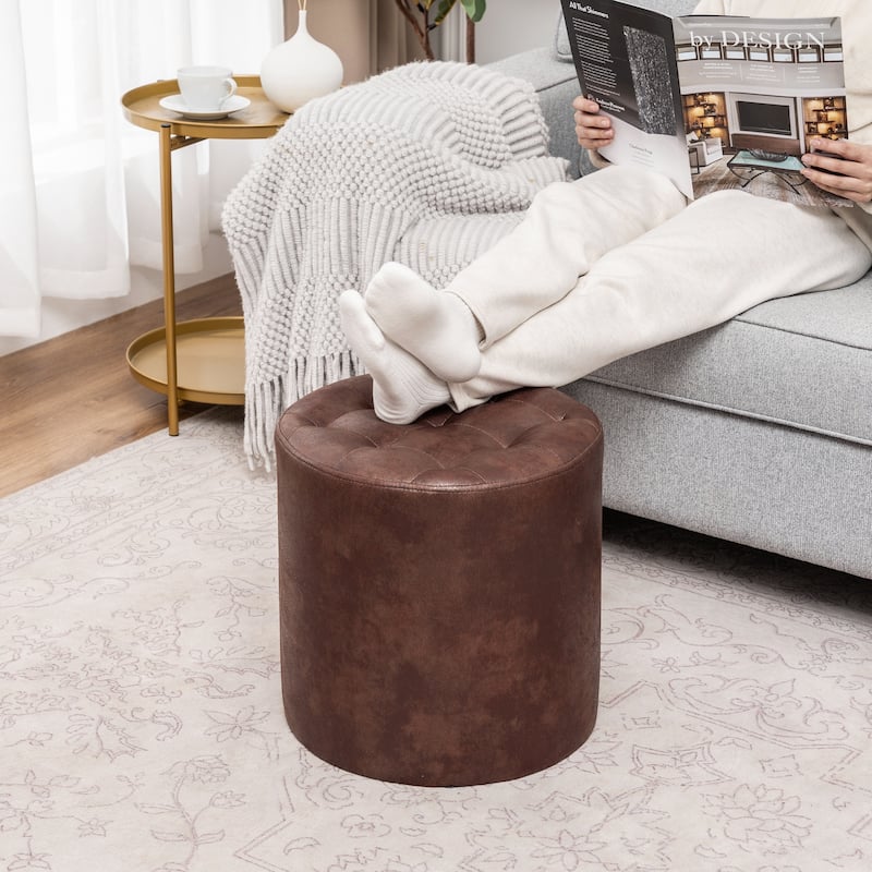 Adeco Round Ottoman Upholstered Tufted Faux Leather Footrest