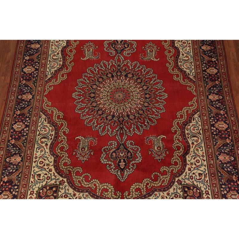 Red Medallion Tabriz Persian Vintage Area Rug Handmade Wool Carpet - 9'10" x 13'4"