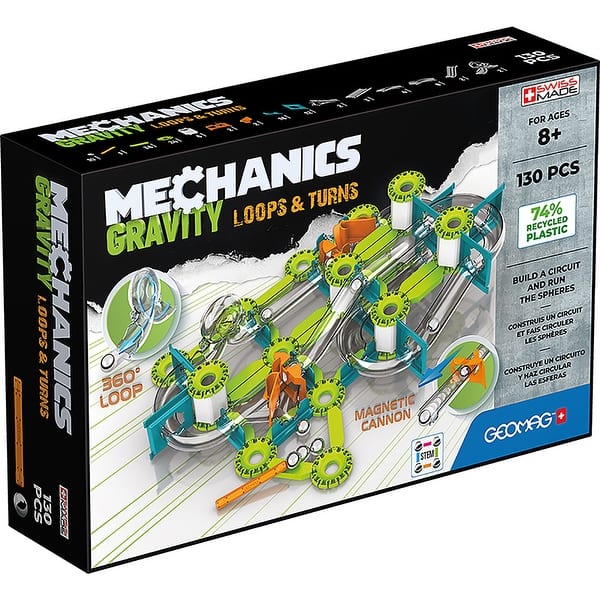 slide 2 of 4, Geomag Mechanics Gravity Construction Set, Loops & Turns Recycled, 130 Pieces Green, White, Orange - Kids