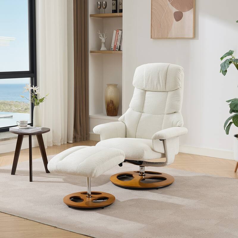 Recliner Chair with Ottoman, 360° Swivel Lounge Chair with Footstool, Chenille Fabric, Seat Heating & 140° Adjustable Backrest